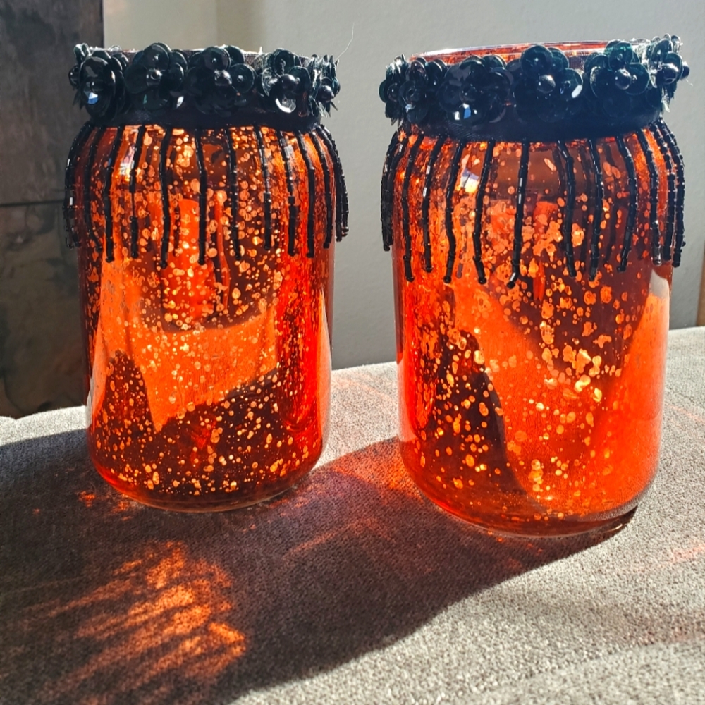 Red Mercury Glass Mason Jars with Black Flower and Bead Accents